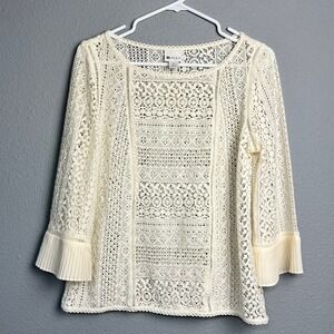Stylus Lace Crochet Bell Sleeve Sheer Blouse Cream‎ Size M Cottagecore Victorian